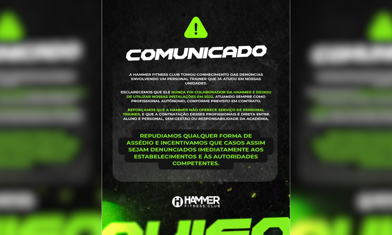 Academia se manifesta após denúncia de assédio contra personal em Salvador.Foto: Redes sociais