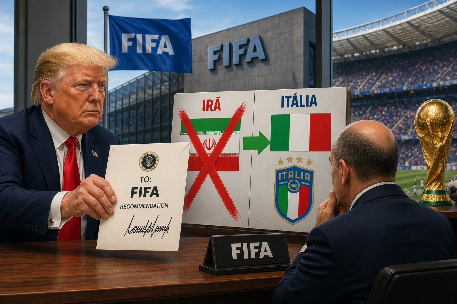 Trump envia recomenda&ccedil;&atilde;o para a Fifa. Foto produzida por IA