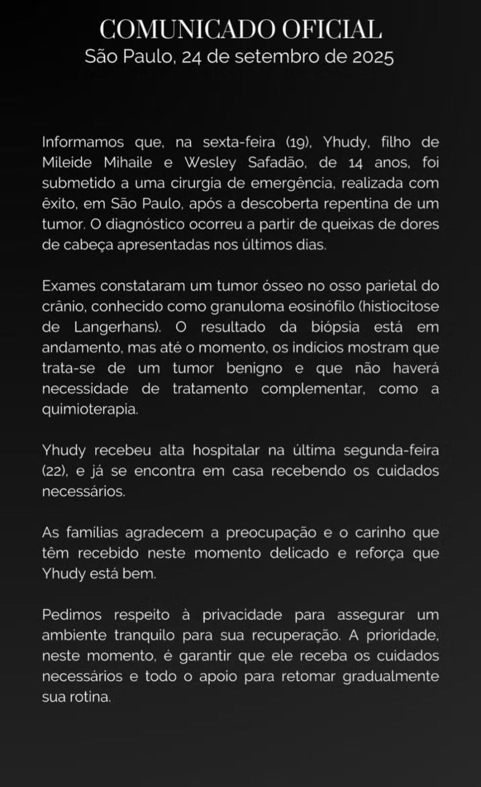 Yhudy recebeu alta hospitalar na segunda-feira (22) e se recupera em casa. | Foto: Redes Sociais