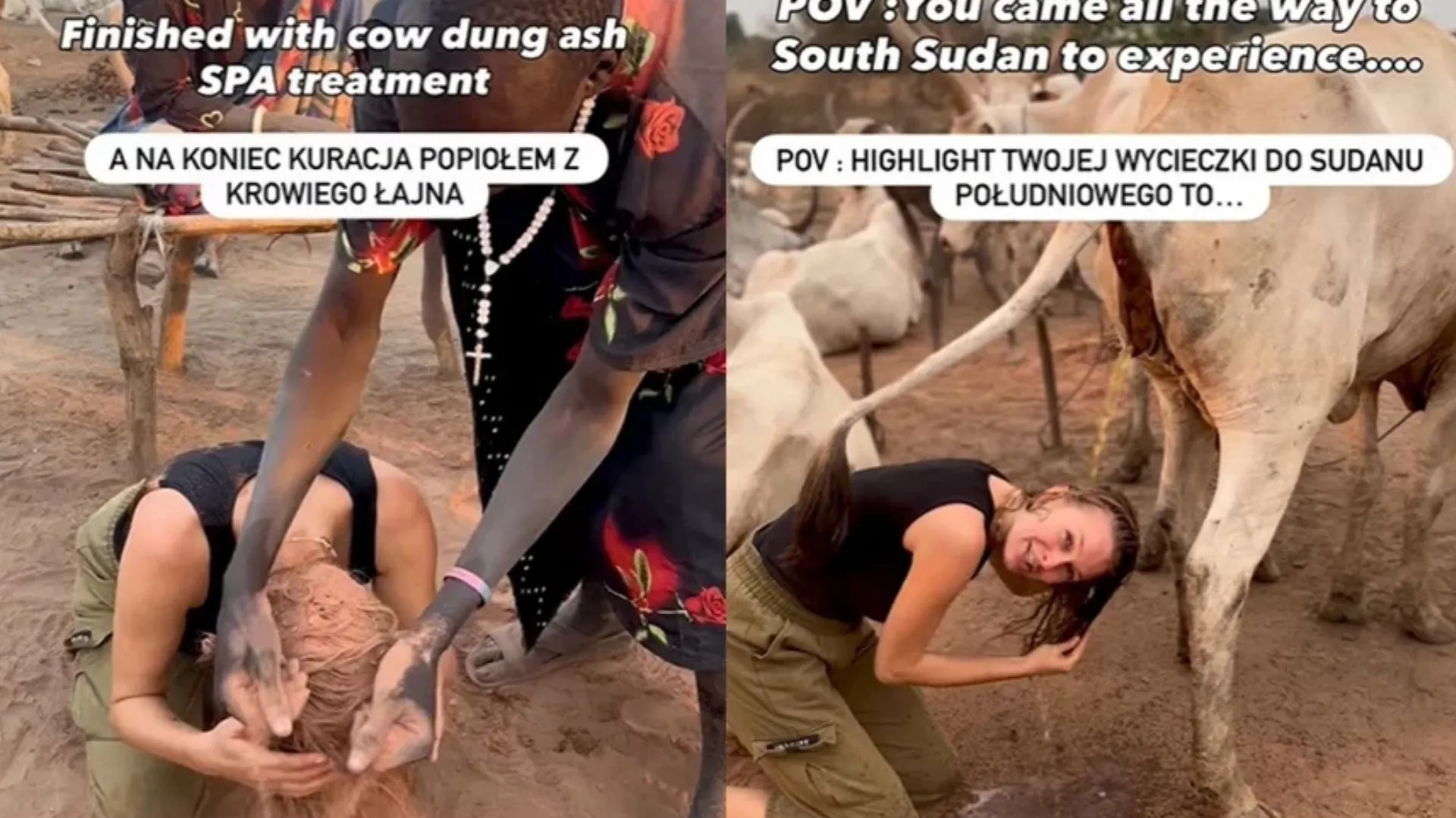 Influenciadora lava o cabelo com urina de vaca durante viagem