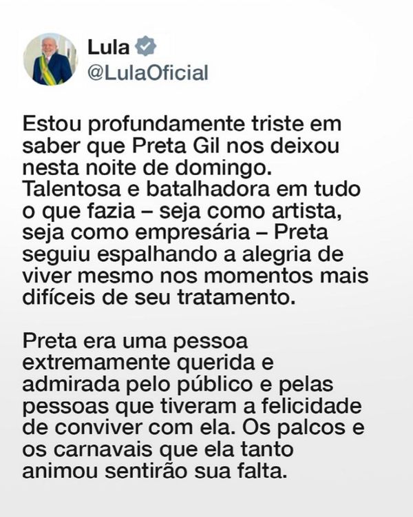 Lula homenageia Preta Gil. Foto: Redes Sociais