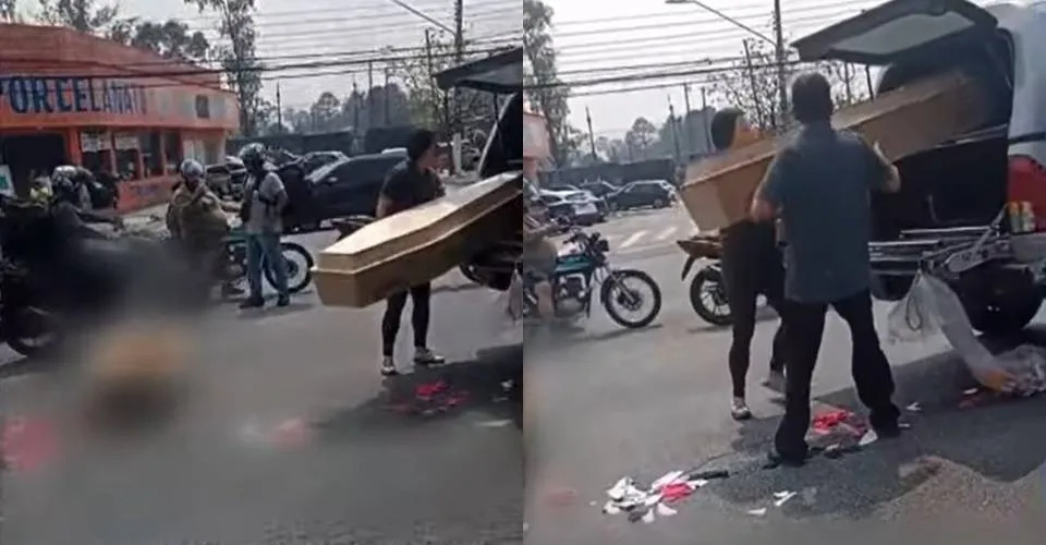 Caixão cai de carro funerário e corpo fica exposto em avenida; veja vídeo