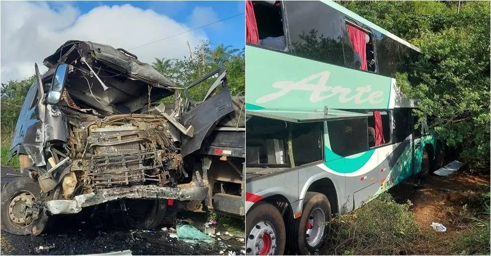 Acidente entre ônibus de viagem e carreta mata uma pessoa e deixa feridos na BA-026