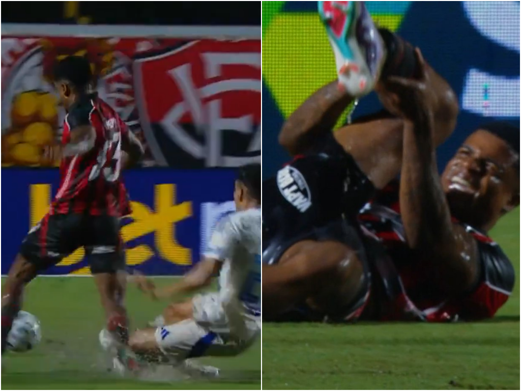 O jogador do Cruzeiro aplica um carrinho e o lateral Jamerson acaba prendendo o pé, causando uma lesão séria no tornozelo. Foto: Reprodução