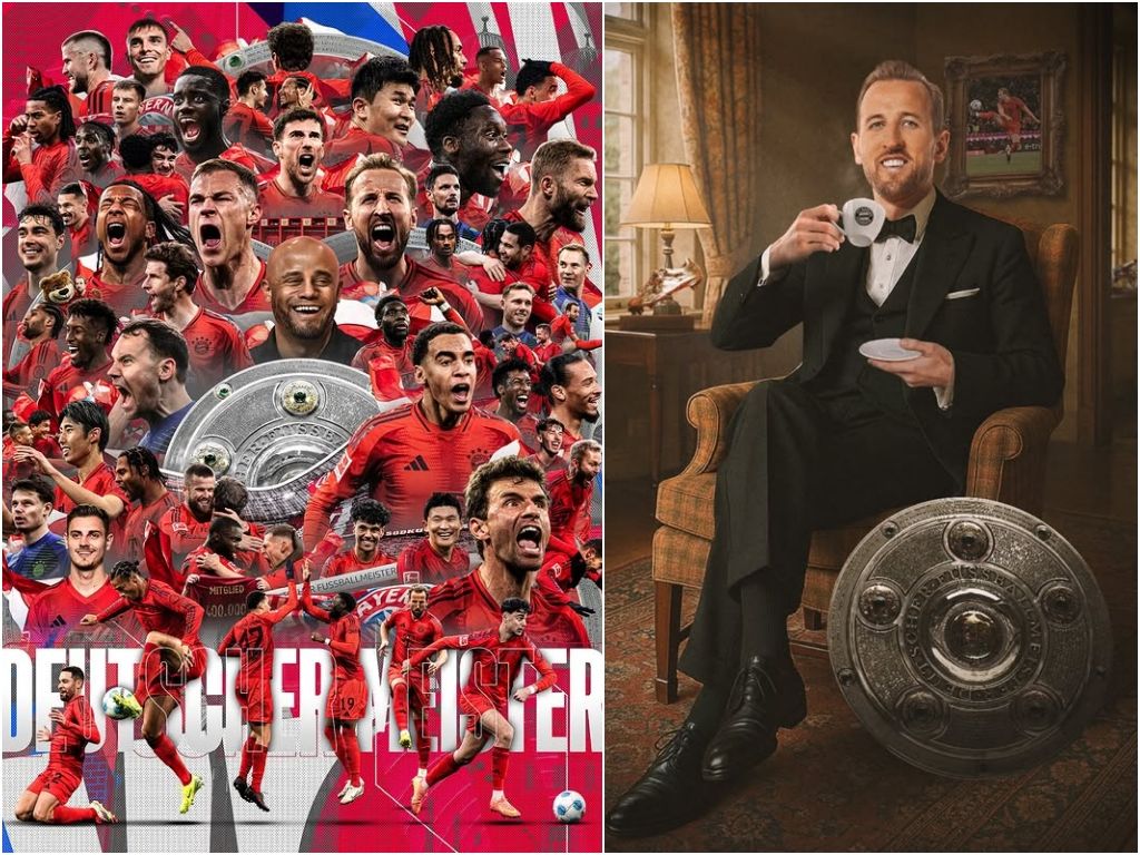 Kane e seus companheiros do Bayern vão receber o troféu de campeões em casa, no próximo sábado, na partida contra o MönchengladbachFoto: Instagram