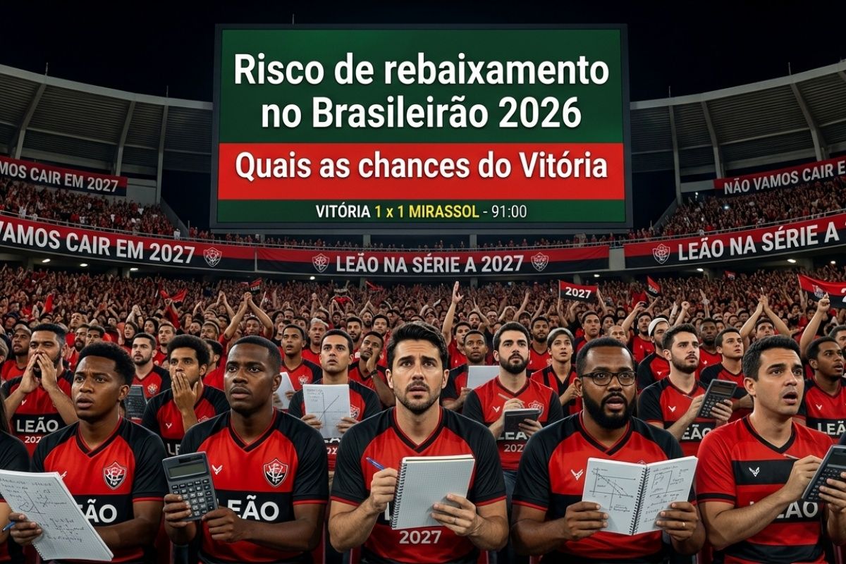 Vitória corre risco de rebaixamento? Confira quantos pontos o time precisa fazer. Foto: Imagem gerada por IA.
