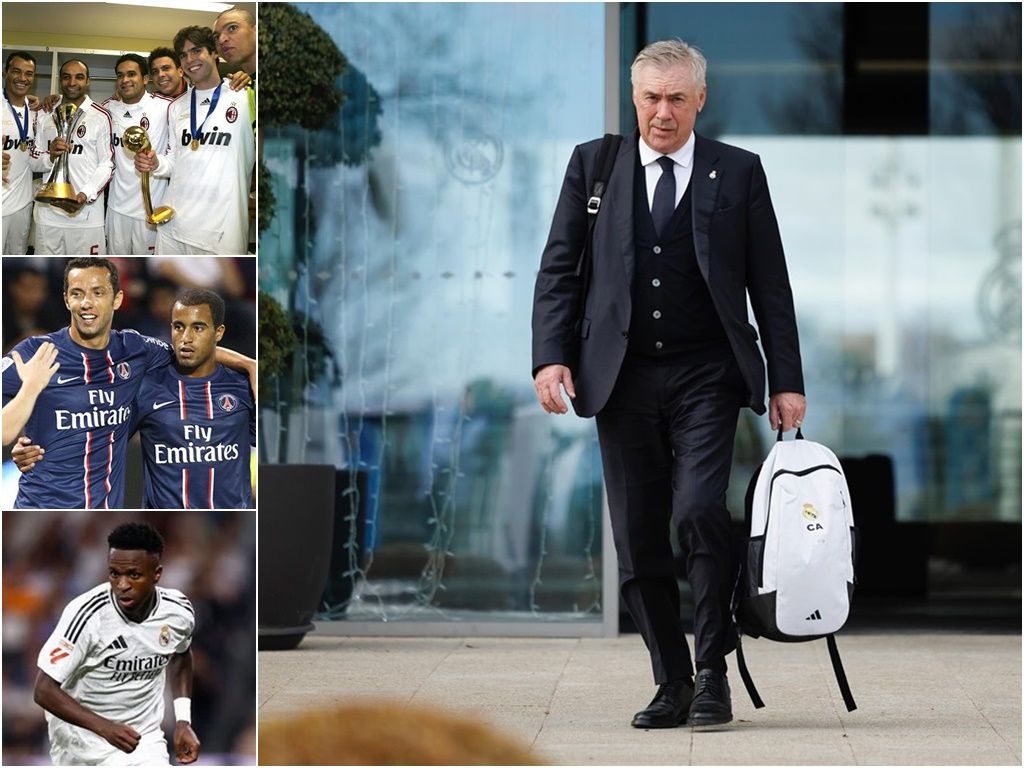 De Kaká a Vini Jr., veja quais brasileiros já foram comandados por Carlo Ancelotti, novo treinador da Seleção Brasileira. Foto: Redes Sociais, Milan e Real Madrid