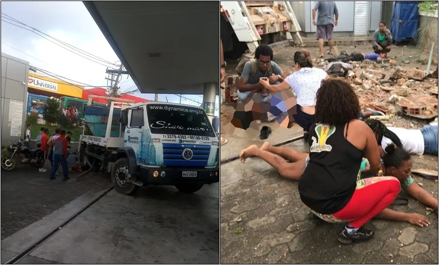 Caminhão atropela pedestres e invade posto de gasolina na Avenida Aliomar Baleeiro