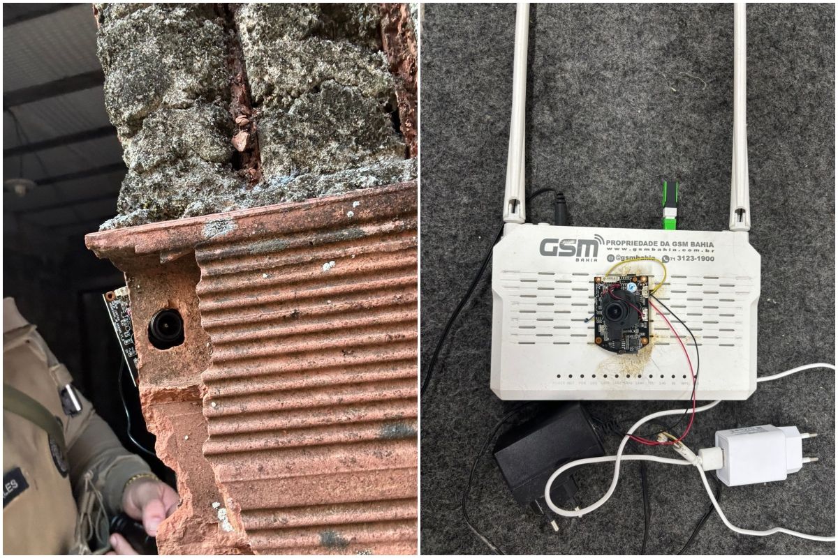 A câmera clandestina estava escondida em um bloco de construção e filmava ações policiais no bairro IAPI. Foto: Divulgação/PMBA