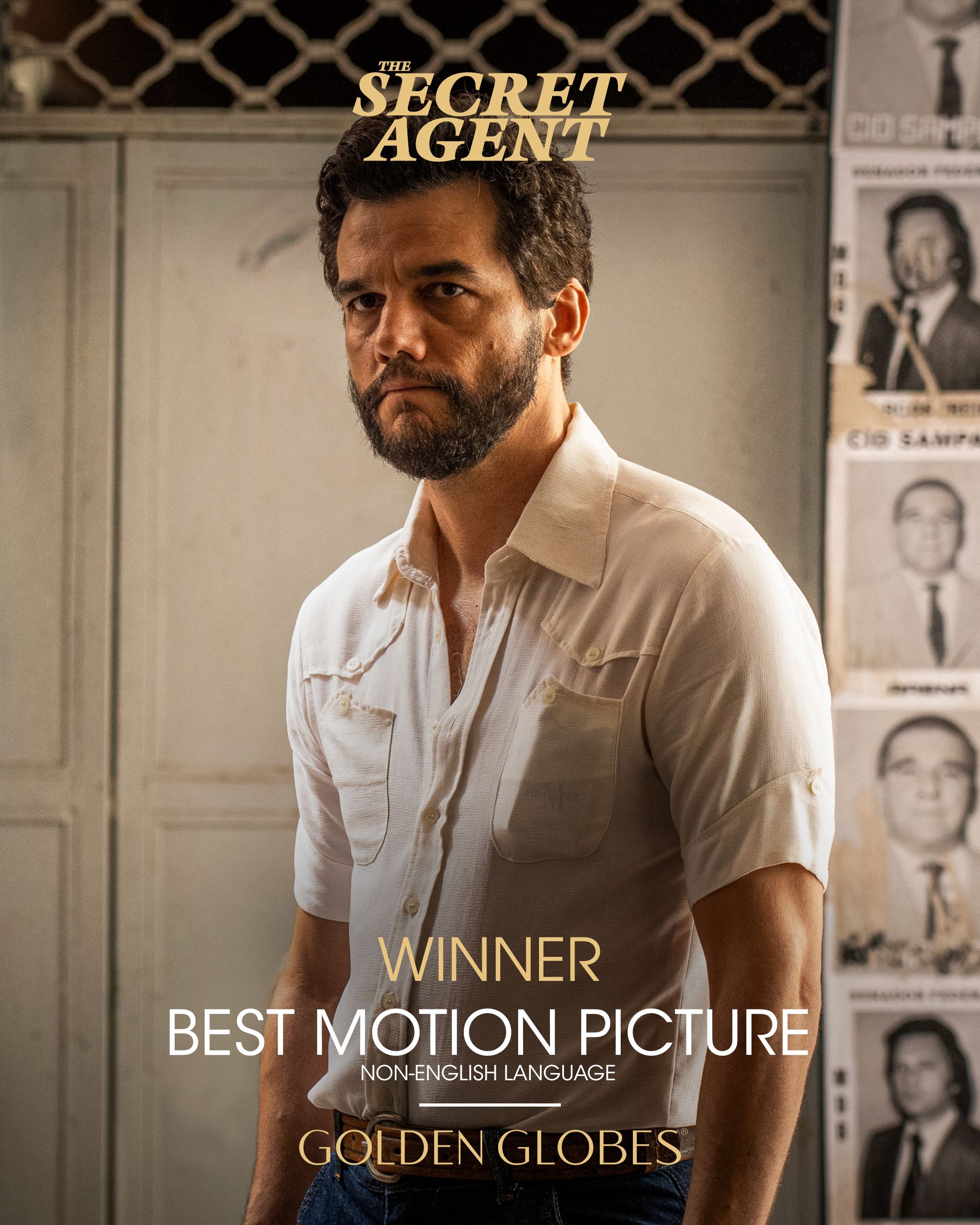 Protagonista de O Agente Secreto, Wagner Moura venceu o Globo de Ouro de Melhor Ator em Filme de Drama. | Foto: Divulga&ccedil;&atilde;o