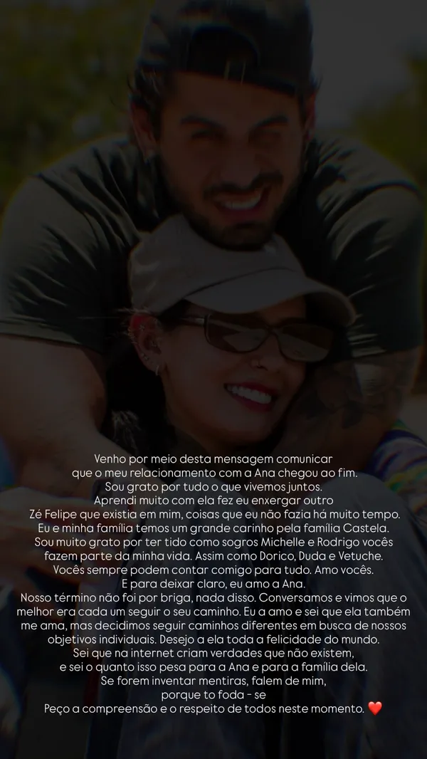 Zé Felipe anunciou término com Ana Castela via rede social