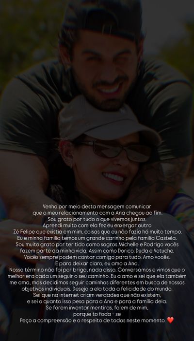 Z&eacute; Felipe anunciou t&eacute;rmino com Ana Castela via rede social