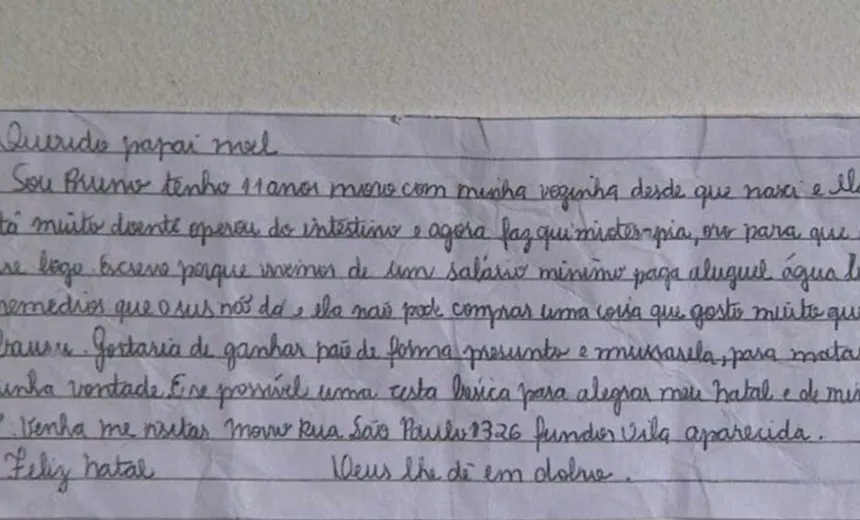 LEIA NA ÍNTEGRA: Menino de 11 anos pede pão, queijo e presunto de presente de Natal