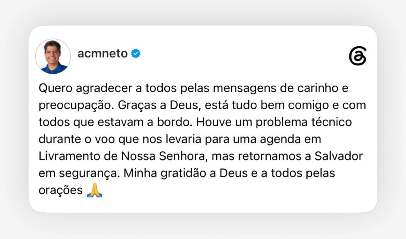 ACM Neto relata problema t&eacute;cnico em avi&atilde;o