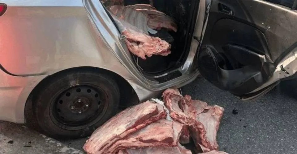 Durante perseguição policial, suspeito bate carro cheio de carne roubada