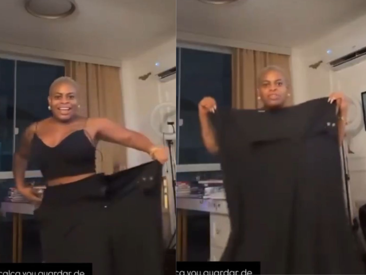 Jojo entrou em uma das pernas da calça que usava antes do emagrecimento.  /  Foto: Reprodução Rede Social