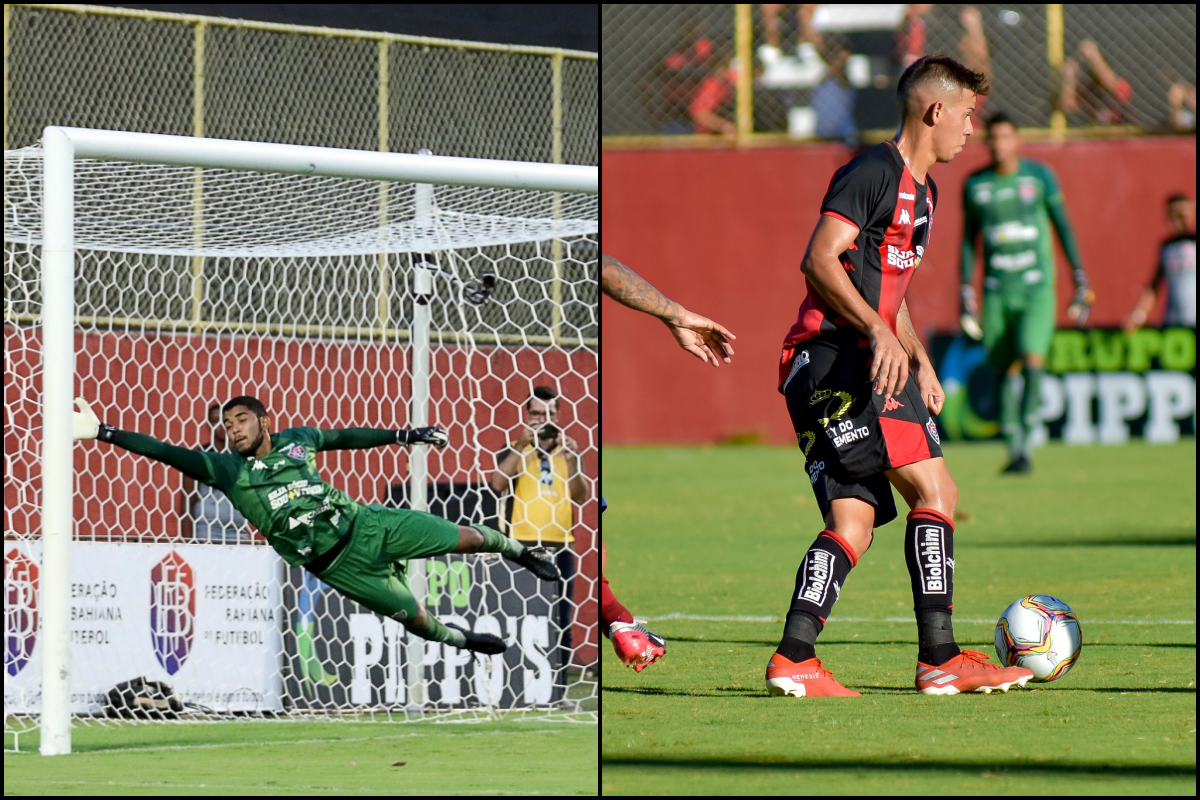 Lucas Arcanjo e Dudu Miraíma seguem no Vitória em 2026. Foto: Felipe Oliveira/EC Bahia e Pietro Carpi/EC Vitória