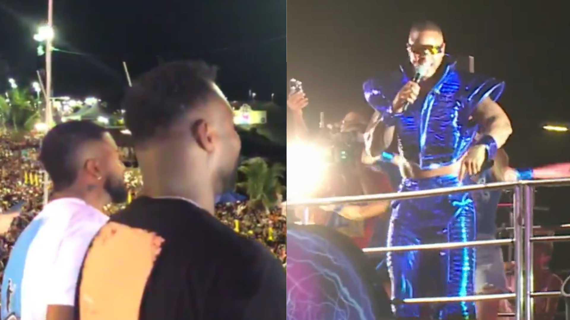 Diggo e Ed Nobre, dois dos compositores de Contatinho, em momento marcante com L&eacute;o Santana na Barra, em 2020 | Imagens: Aratu On e TV Aratu