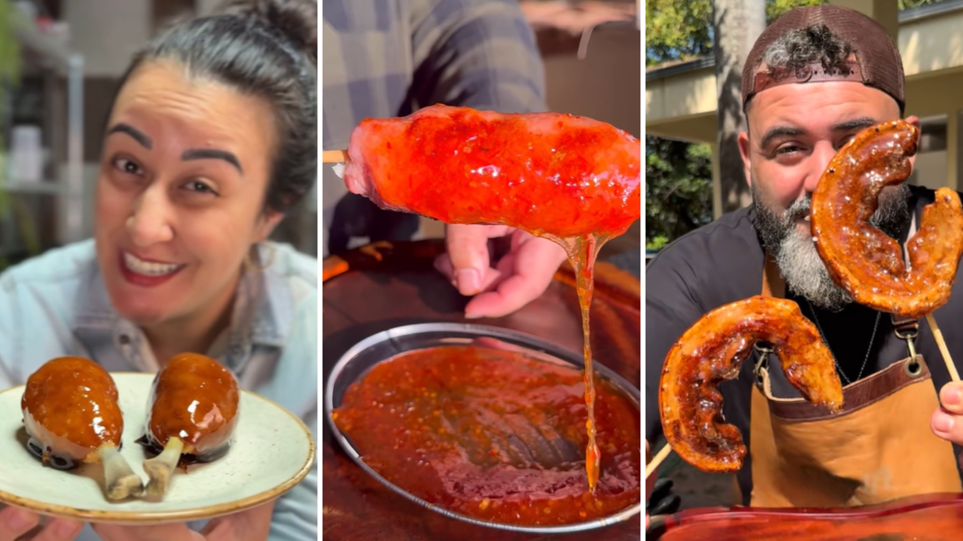 Veja versões salgadas do morango do amor. Foto: Redes sociais / @mafucano/@barbecueking/@doutorchurras