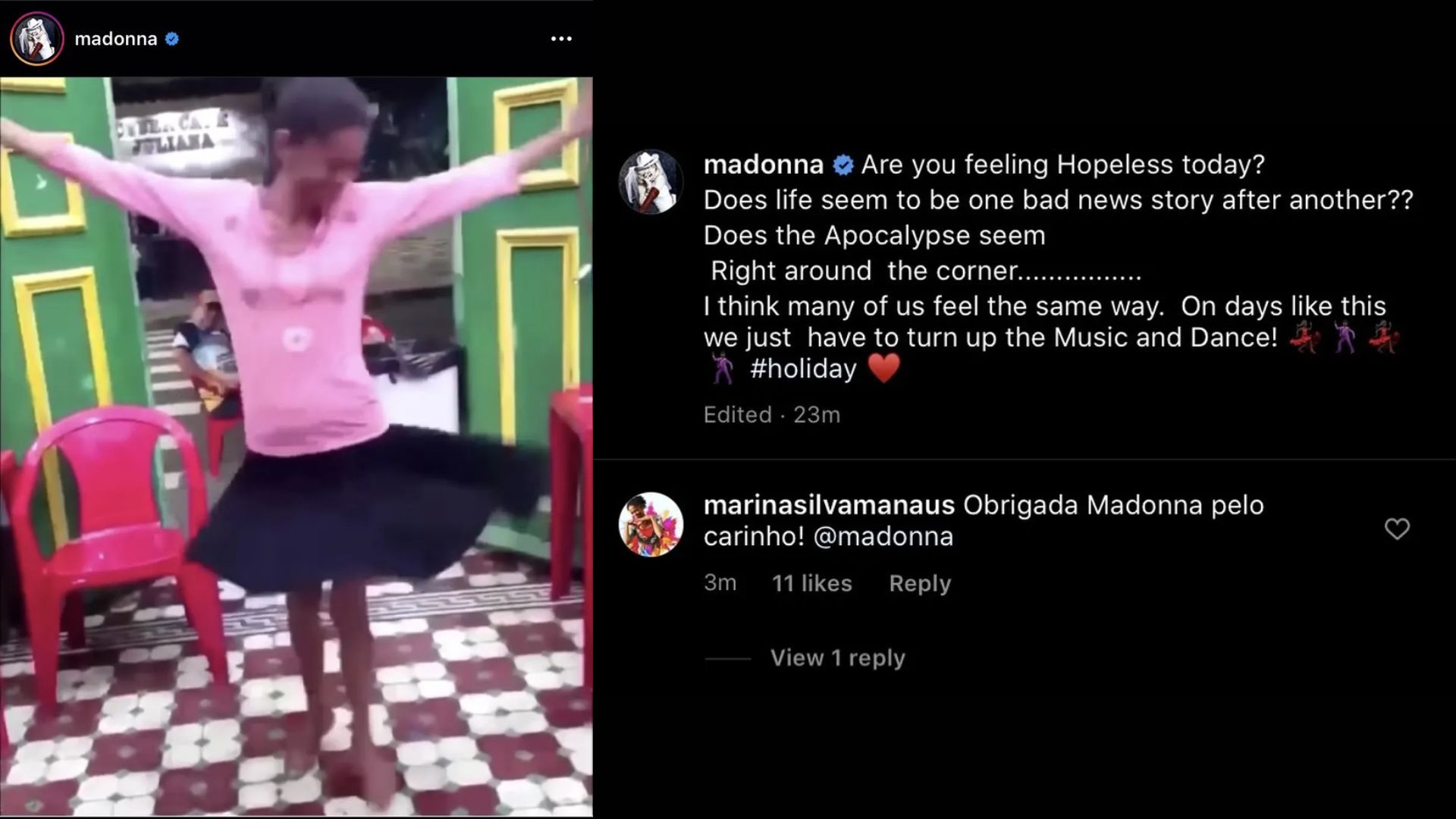 Madonna compartilhou o vídeo de Solange nas redes sociais em 2020