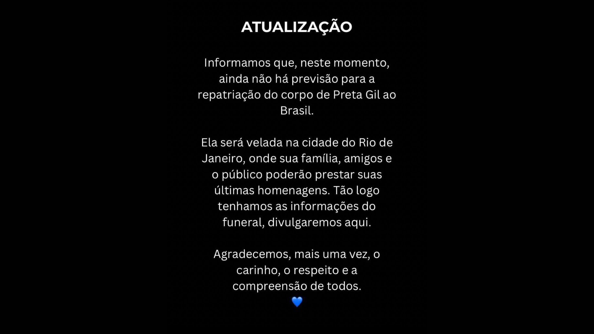 Comunicado divulgado nas redes sociais de Gilberto Gil