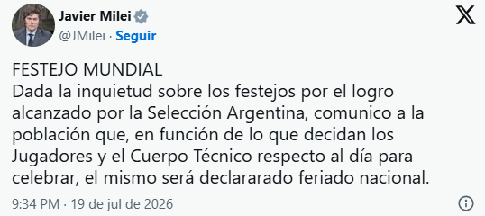 Argentina terá feriado nacional para celebrar 2ª lugar na Copa do Mundo, anuncia Milei.| Reprodução: Redes Sociais