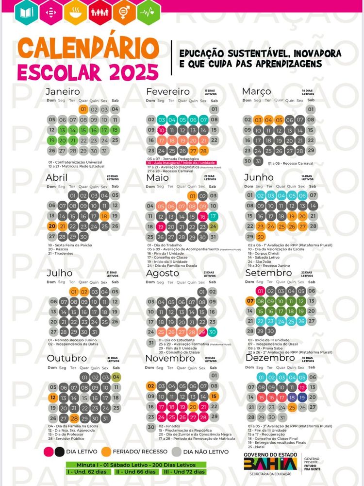 O calendário mostra o ínicio e o final do período letivo 2025, bem como eventos e feriados. Foto: Divulgação/SEC