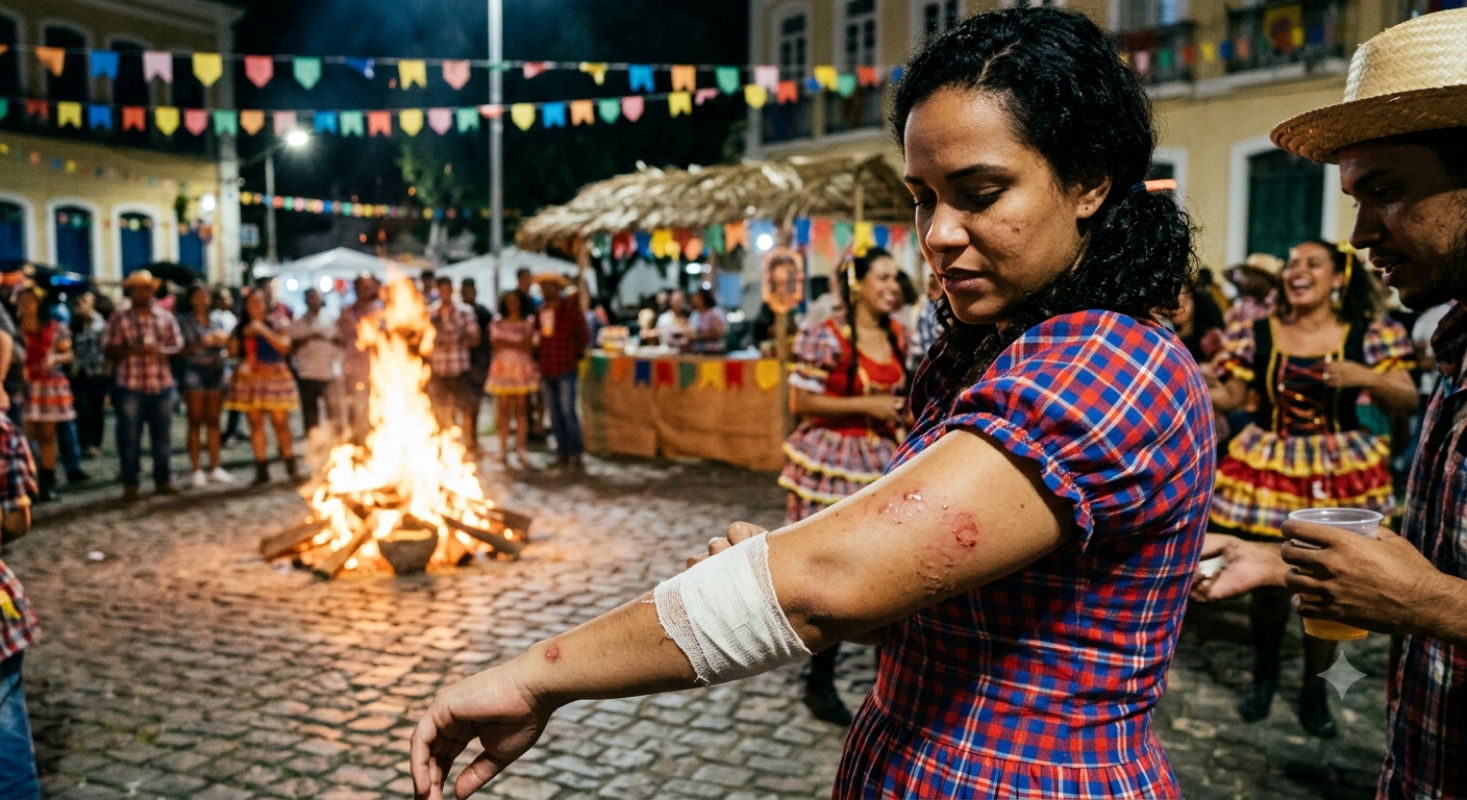 Devido ao risco da exposi&ccedil;&atilde;o a fogos de artificio e fogueiras no S&atilde;o Jo&atilde;o, saiba o que fazer em caso de acidentes e como cuidar dos ferimentos. Foto: Imagem gerada por IA