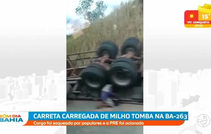 Caminhão carregado com milho tomba na BA-263 e é saqueado; veja