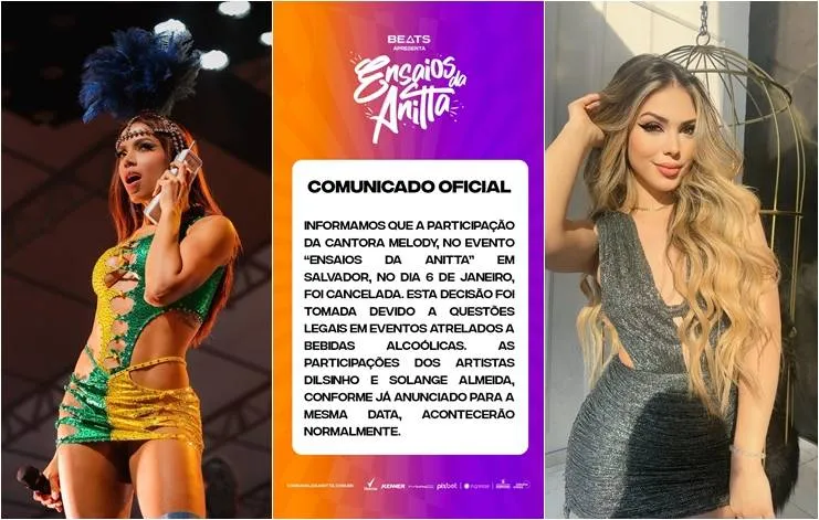 Com patrocínio de bebida alcóolica, Anitta cancela participação de Melody em show por causa da idade da cantora