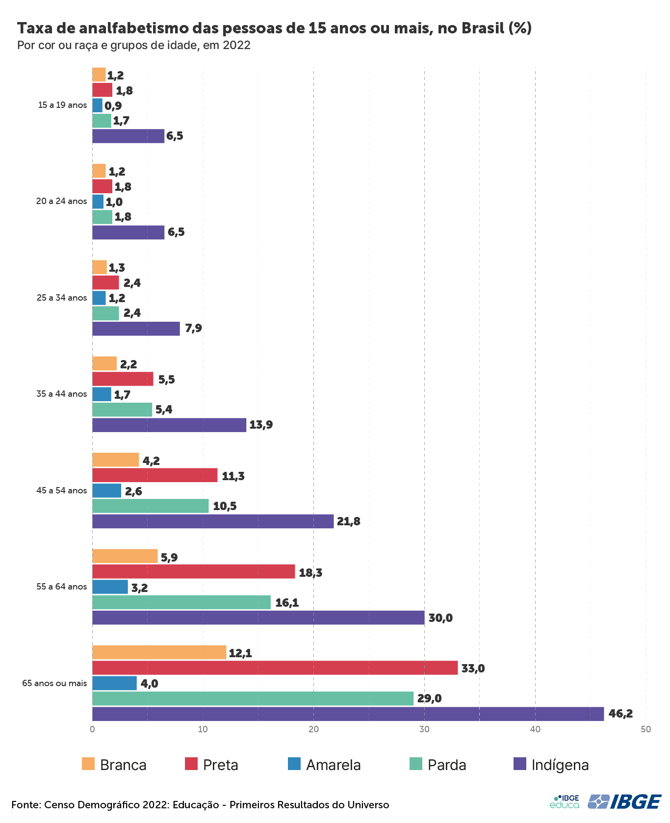 Taxa de analfabetismo por grupos de idade e raça. Foto: Censo Demográfico 2022: Educação - Primeiros Resultados do Universo
