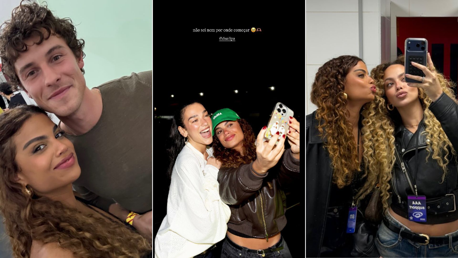 Clara Buaque ao lado de Shawn Mendes, Dua Lipa e Júlia Rodrigues, respectivamente | Fotos: reprodução/Instagram (@clara.buarque)