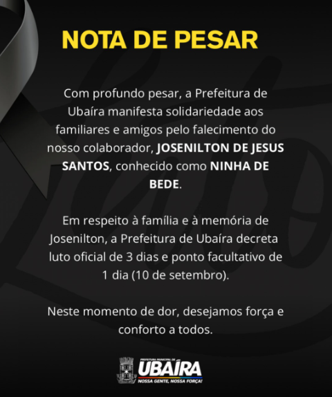 Prefeitura de Ubair&aacute; declara tr&ecirc;s dias de luto ap&oacute;s a morte de funcion&aacute;rio. Foto: Reprodu&ccedil;&atilde;o Redes Sociais 