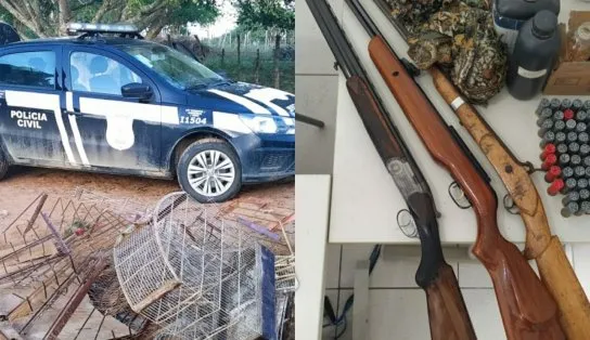 Homens são flagrados com aves silvestres, armas e munições em povoado de Serrinha; dupla está presa  