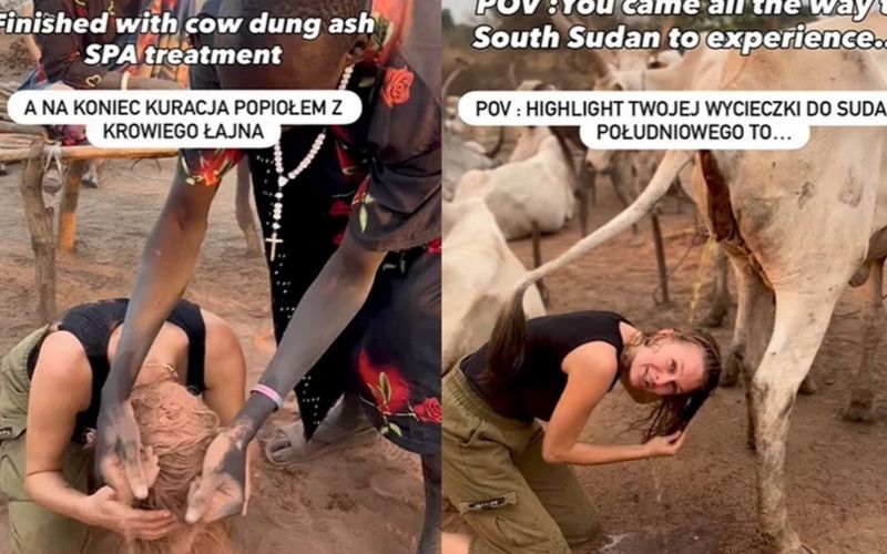 Para o povo Mundari, o uso da urina de vaca vai além da higiene, está ligado à estética, proteção e pertencimento cultural, sendo um elemento simbólico importante/Foto: Redes Sociais