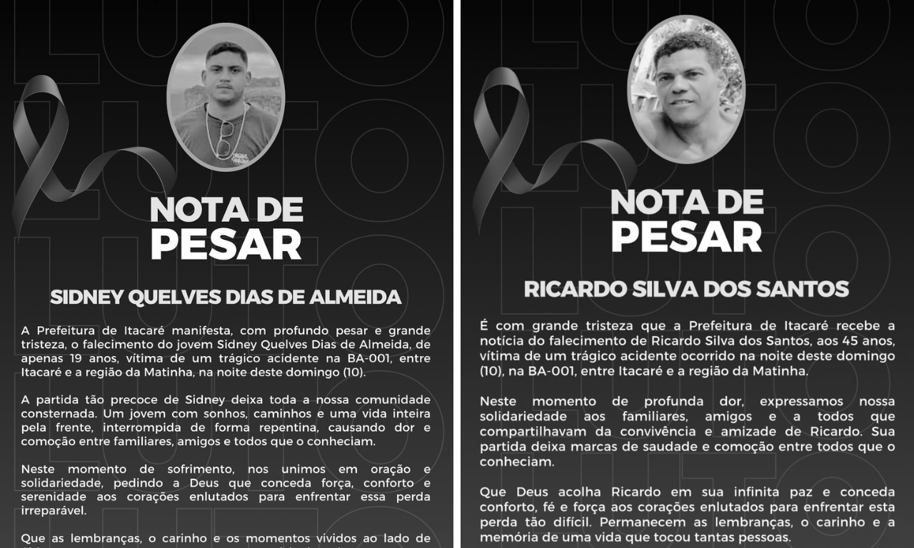 Prefeitura de Itacar&eacute; lamentou as mortes nas redes sociais. Foto: Instagram