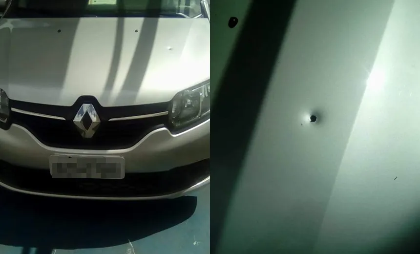 Homem encontra perfuração no capô do carro em estacionamento de supermercado