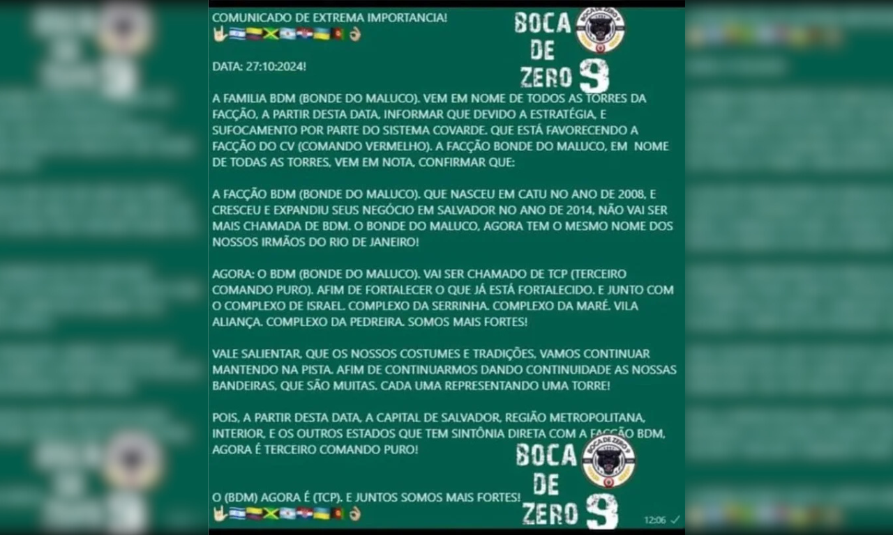 Susposto comunicado de aliança entre o BDM e a facção carioca, TCP. Foto: Reprodução