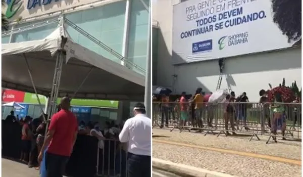 Clientes fazem filas para aguardar reabertura de shoppings em Salvador; assista 