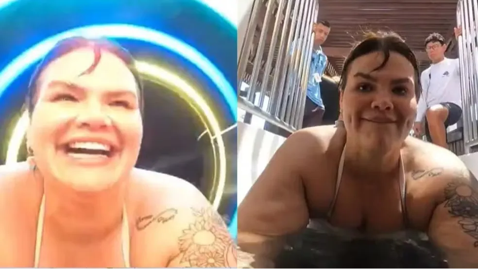 Após perder 74 kg, Thais Carla vibra ao descer tobogã: 'Libertador'