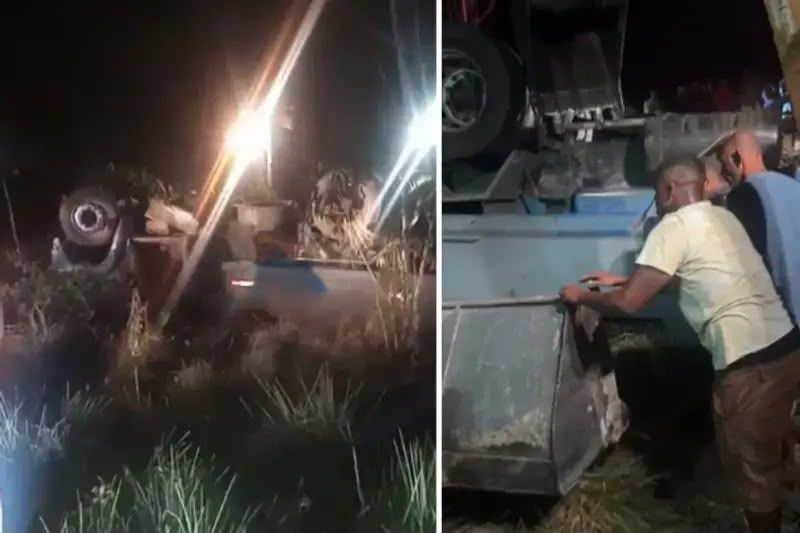 Homem fica preso às ferragens após caçamba capotar na BA-534, no Recôncavo Baiano