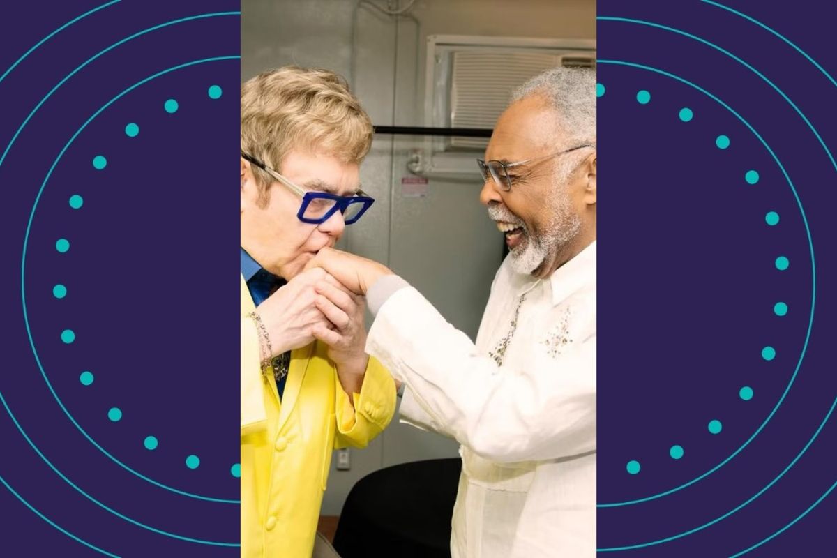 Gilberto Gil e Elton John se encontraram nos bastidores do Rock in Rio. Foto: Reprodu&ccedil;&atilde;o