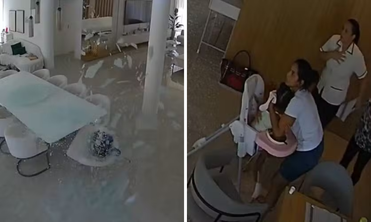 Vidro despenca em mansão de influenciadora e quase atinge criança.Foto: redes sociais